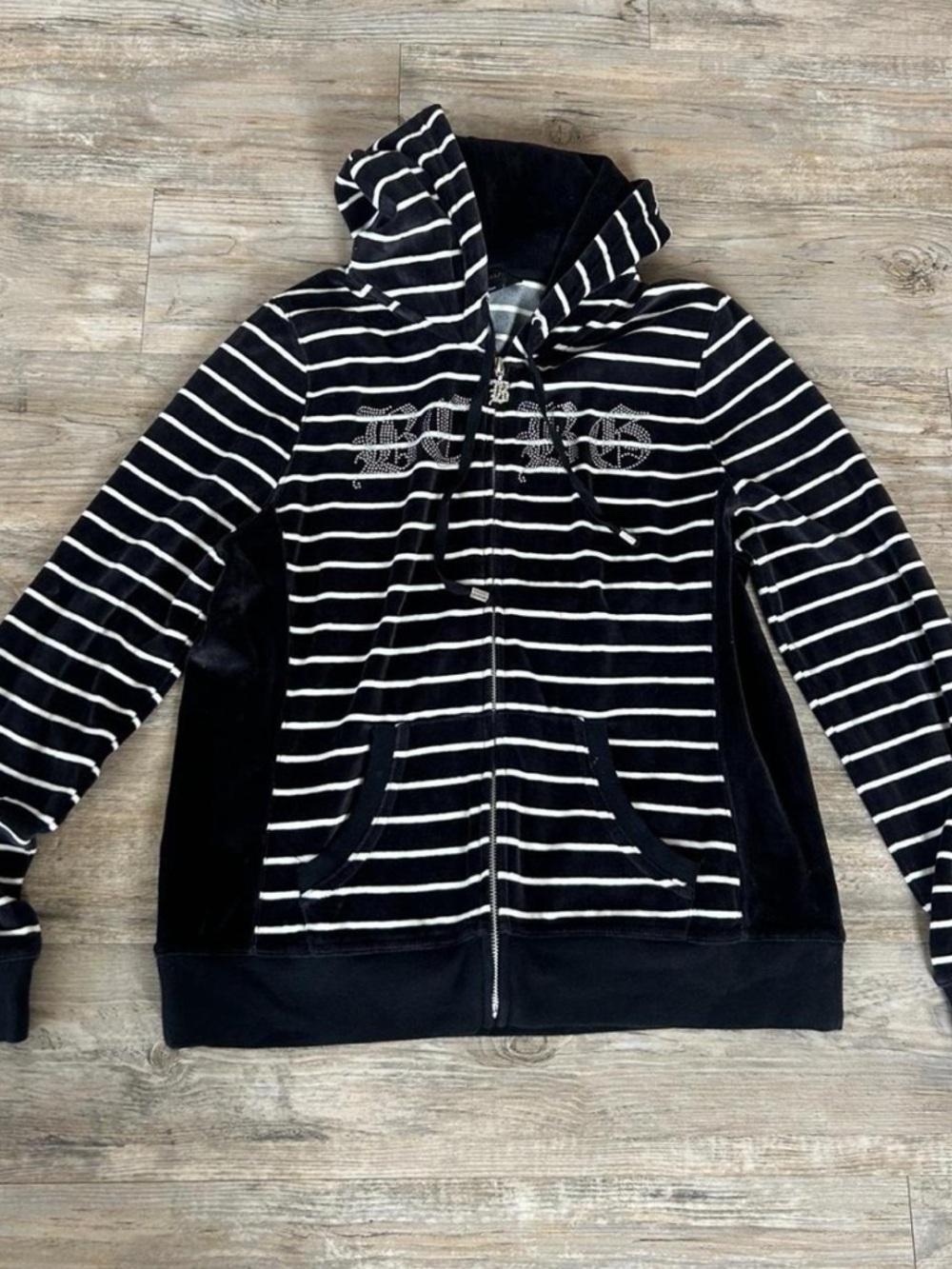 Vintage bcbg Black & White Striped Velour Zip Hoodie